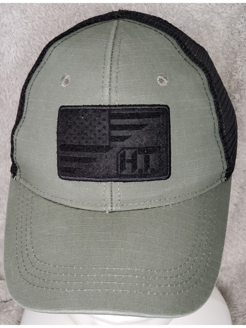 Highland Tactical American Flag Patch Trucker Hat Olive Black Mesh OSFM